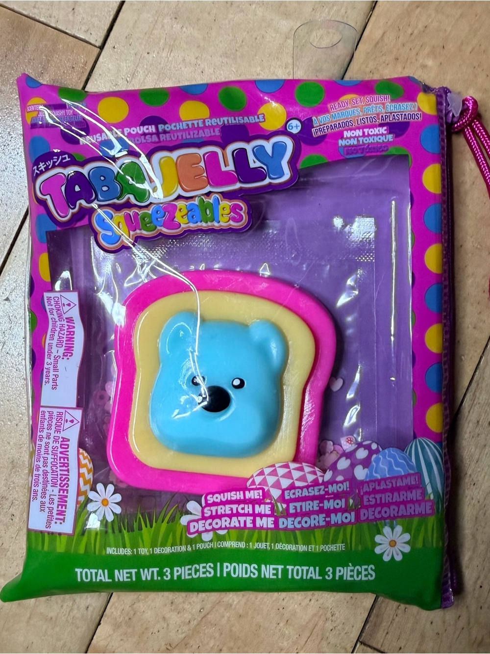 Taba Jelly Squeezables scented squishy toy set featuring a blue bear on toast.
